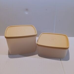 Vintage Tupperware Square Storage Containers W/ Lid-Lot Of 2-Clear & Tan